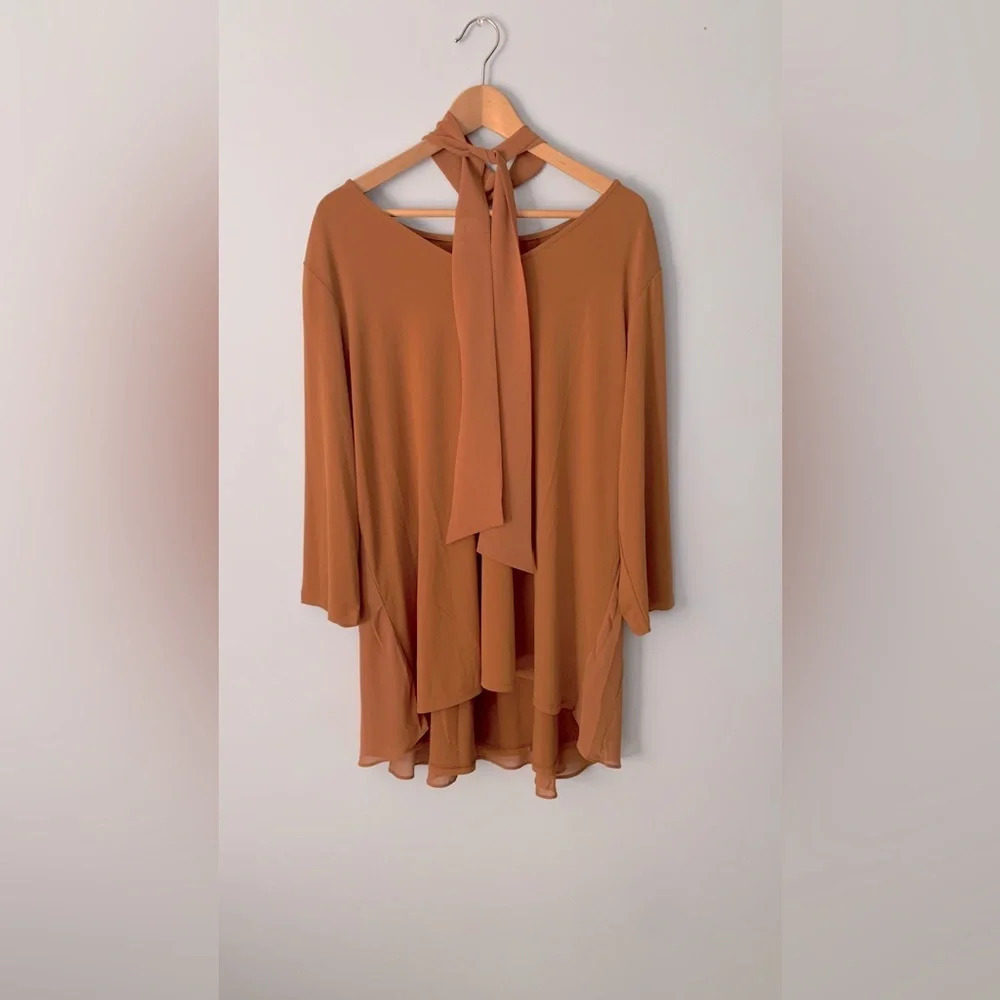 Susan graver liquidknit liquid knit rich gold blouse w/ sheer peplum overlay